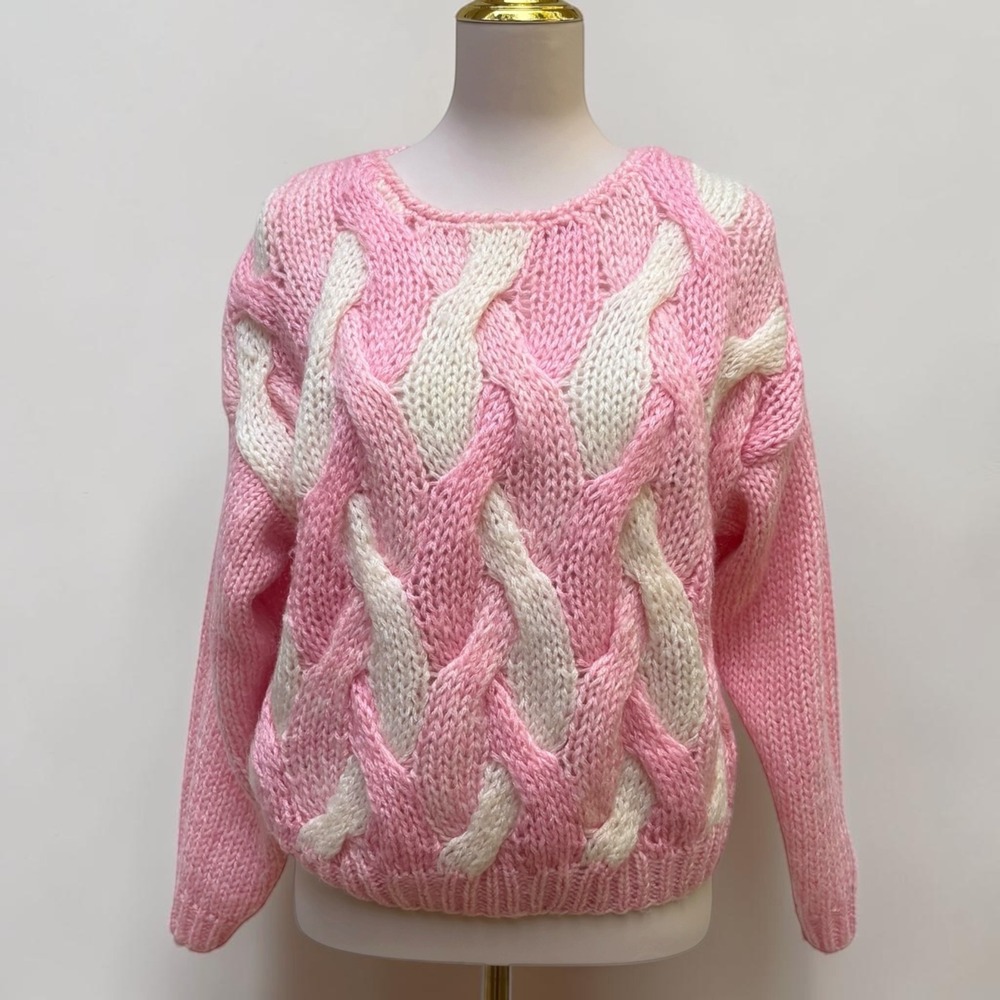 VTG Hand Knit Sweater Small Pink Chunky Cable Knit Wool Blend Soft Girl Coquette